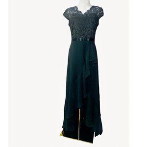 Elegant Lace & Chiffon Hi-Lo Formal Evening Gown - Dark Green